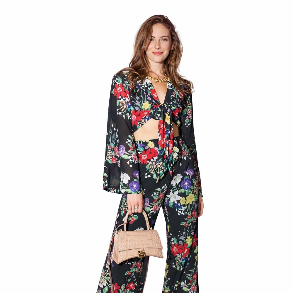 FLORAL CUTOUT TIE FRONT WIDE LEG JUMPSUIT BOHO GYPSY SIZE SMALL NWT